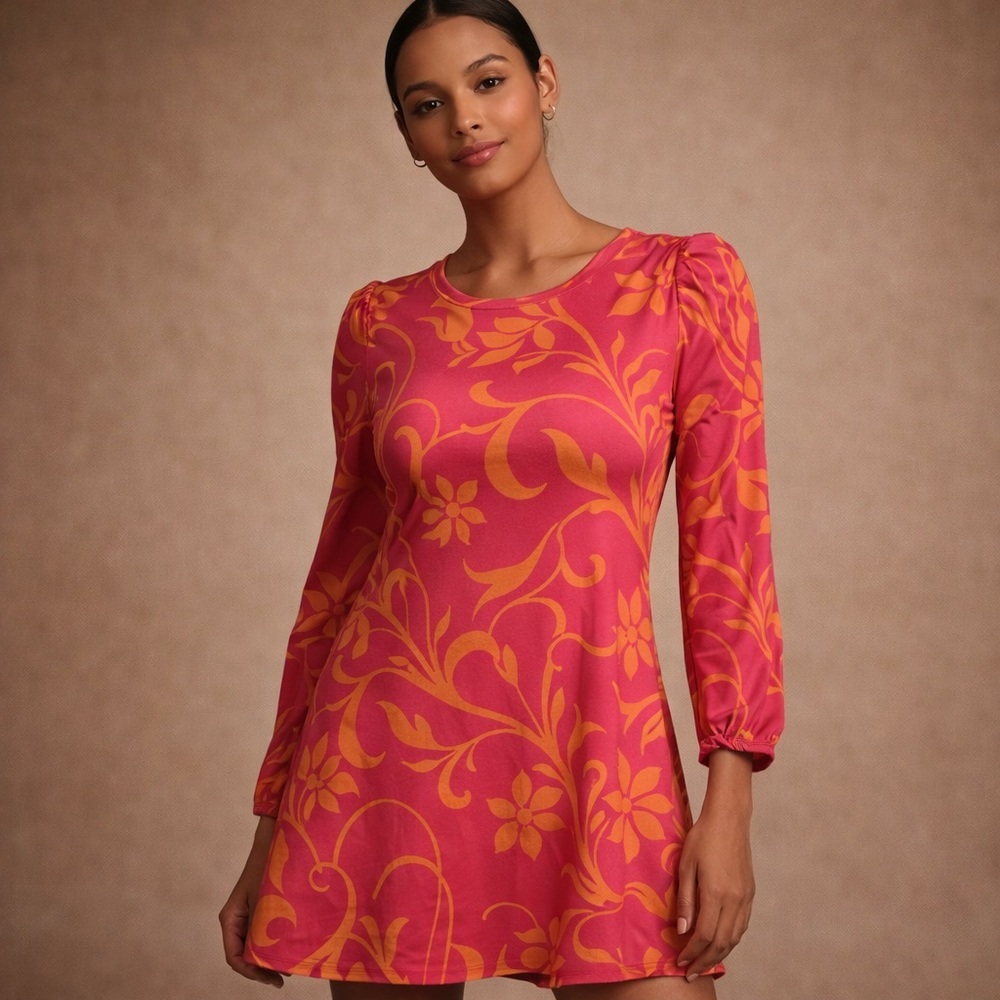 Lily Pink and Orange Floral Long-Sleeve Mini Dress Size M